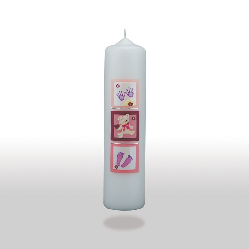 Bougie Baptême - empreintes rose